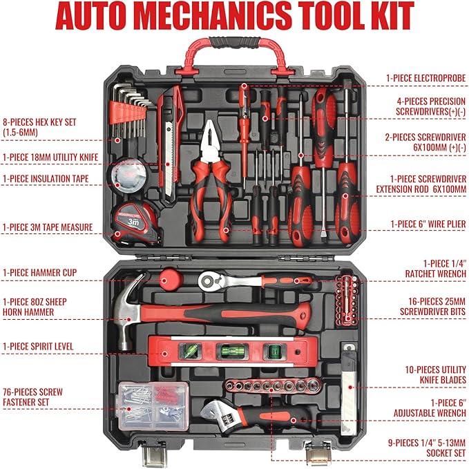 SPICIMOMO Red Home Tool Kit Set - 138 Pieces Red Tool Set, Home Tool Kit for Daily Repairing and Maintenance, Professional Tool Kit Set with Portable Storage Boxes