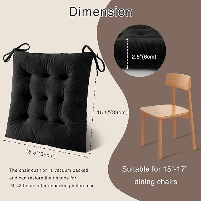 OVOV 4 Pack Chair Cushions for Dining Chairs Soft Seat Cushions for Kitchen Desk Chairs Square Chair Pads with Ties (15.5"x15.5" Black)