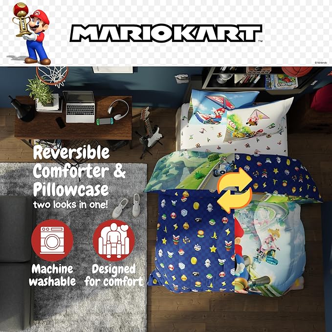 Super Mario Kart Game Kids Bedding Set, Twin Size, 4-Piece Super Soft Cozy Reversible Comforter & Sheet Set (Officially Licensed Product) by Franco | Durable, Reversible, Officially Licensed