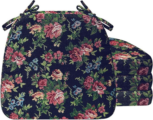 AAAAAcessories D-Shaped Chair Cushions, 2" Thick Dining Chair Pads with Ties and Removable, Machine-Washable Cover, 17" x 16", Set of 4, Night-Blooming Blossoms