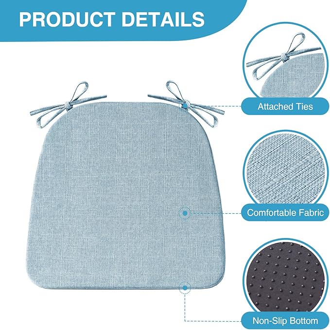 IASEAHK Chair Cushions for Dining Chairs Set of 6, Non Slip Kitchen Chair Pads, 17" x 16" x 2", Indoor Dining Chair Cushions with Ties, D-Shaped Seat Cushions for Kitchen Chairs, Light Blue