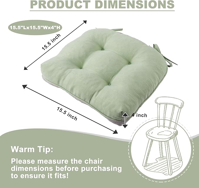 Battilo Chair Cushions Set of 4 for Dining Chairs, Seat Cushions for Kitchen Chairs with Non-Slip Backing, Indoor/Outdoor Waterproof Chair Seat Pads with Ties, 15.5"x15.5"x4", Sage Green