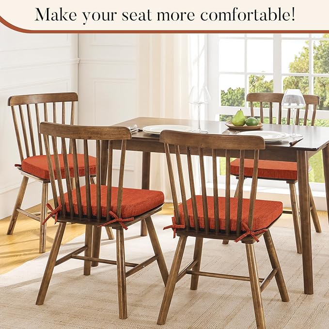 Basic Beyond Memory Foam Dining Chair Cushions, 6 Pack, 16 x 16 inches, Rust with Slip-Resistant Backing and Ties