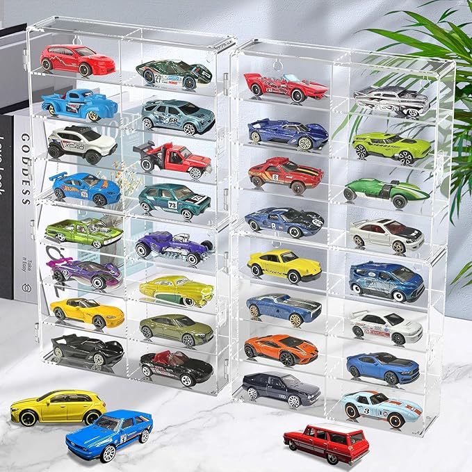 1/64 Scale Toy Cars Display Case for Matchbox Hot Wheels Hold 32 Toy Cars Storage Case Organizer Box Wall Display Clear Model Car Case Holder Container Shelf 6.5 X 7.5 X 1.6 Inch 4 Pack