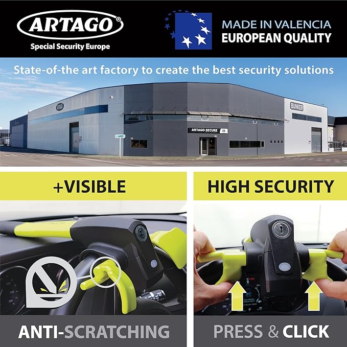 ARTAGO 870 High-End Steering Wheel Lock 2in1 | Smart Alarm, 120dB, Theft Attempt Warning, Night LED Alert | More Secure & Deterrent Around a Spoke, Best Anti-Theft Device for Car SUV Pickup-Truck Van
