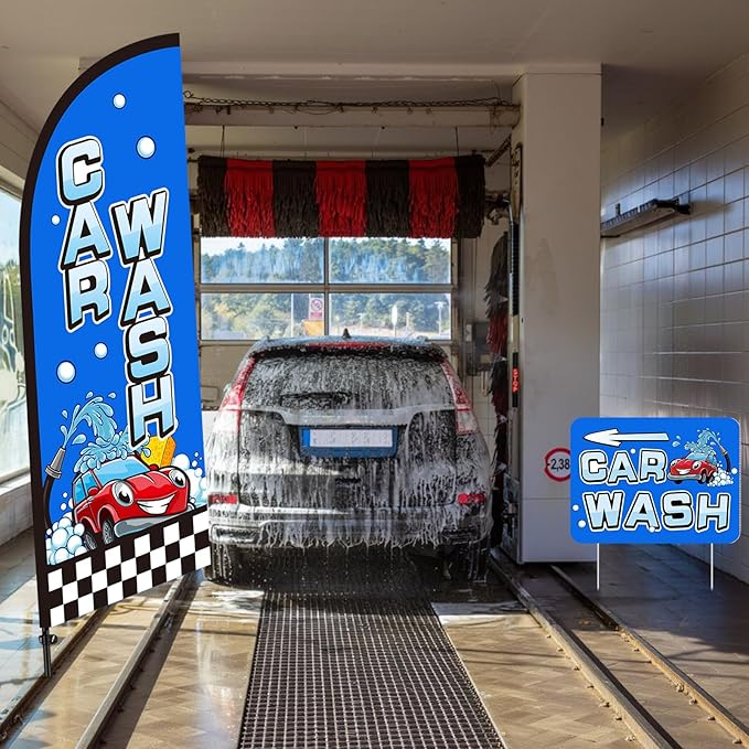 Car Wash Feather Flagpole Kit Include 7 ft Banner Flag with Poles 5 Pcs Car Wash Sign and 10 Pcs Ground Stake for Outside Business Stores Shops Decoration
