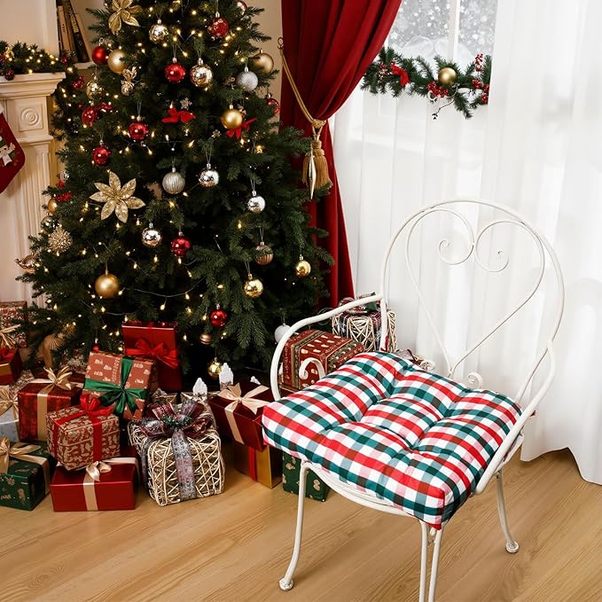 Geetery 4 Pack Christmas Chair Cushions for Dining Chairs, 16" x 15" Red and Green Kitchen Chair Cushions with Ties Buffalo Plaid Soft Comfy Seat Pads for Home Office Living Room Outdoor Indoor