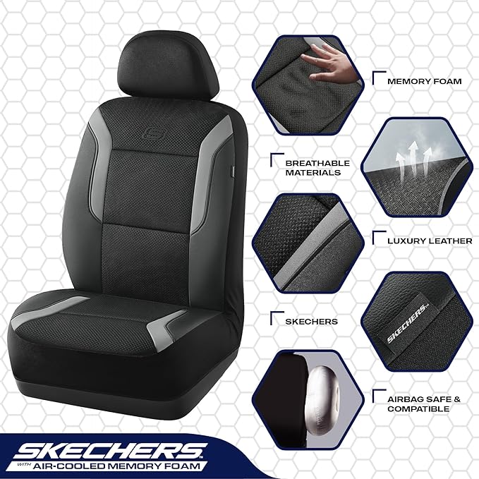 Skechers Memory Foam Car Seat Covers, Air Cool Mesh Thick Seat Covers, Car Seat Full Sets, Airbag Compatible, Automotive Comfort Protection for Most Cars,Vans,Trucks, SUVs,Grey