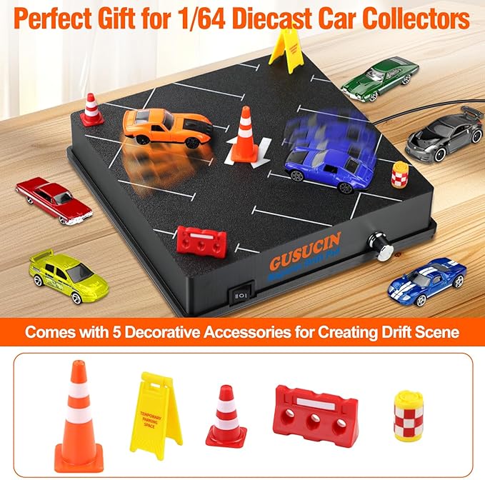 Magnetic Drift Pad for Hot Wheels Cars 1:64 – Spinning Drift Track with Adjustable Speed & Direction, USB Powered Drift Pad with 5 Decorations, Display Stand for1:64 Scale Diecast Cars (Parking Lot)