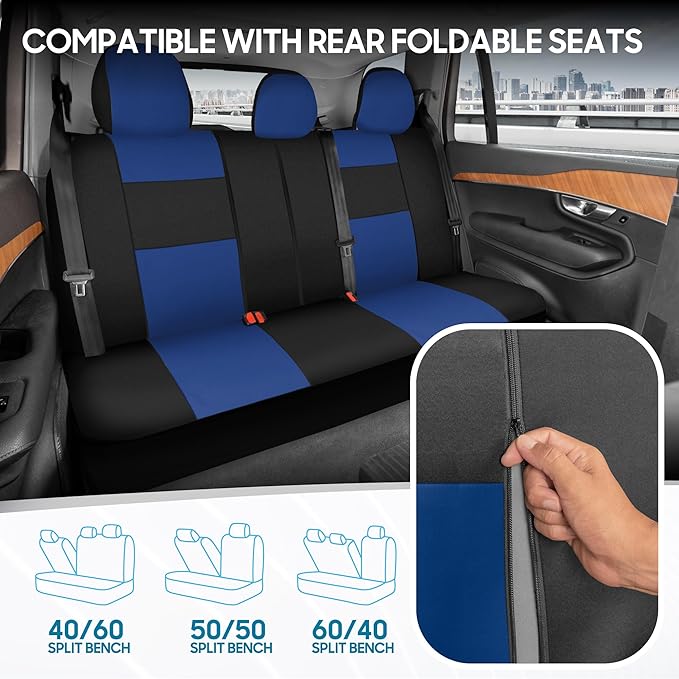 BDK PolyPro Car Seat Covers Full Set in Blue on Black, Front and Rear Split Bench Seat Covers for Cars, Easy to Install Car Seats Cover Set and Accessories for Auto Trucks Van SUV - Blue