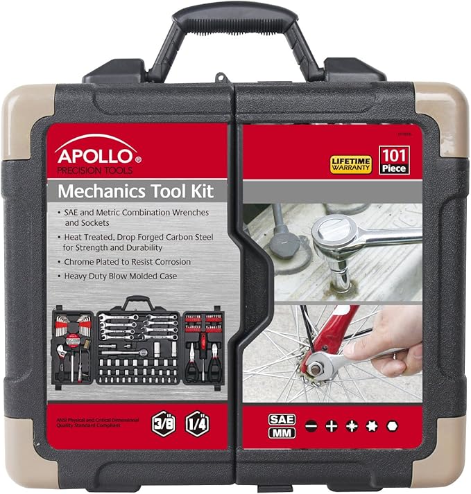 Apollo Tools 101 Piece Mechanic Tool Set for Roadside Emergencies. SAE and Metric for Mechanical Repairs for Boating, RV, Bikes, in Compact Carrying Case - Red - DT0006
