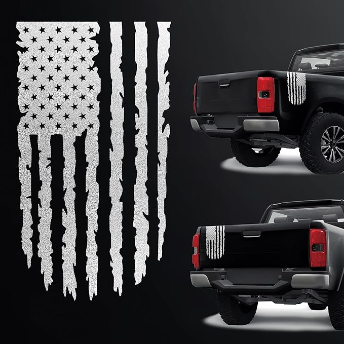 GRITKULTURE Distressed American Flag Vinyl Decal 17 inches by 9 inches for Trucks, Cars, and Windows Compatible with Most Pickup- Rear Graphic USA, US Flag Car Sticker (Reflective Silver)