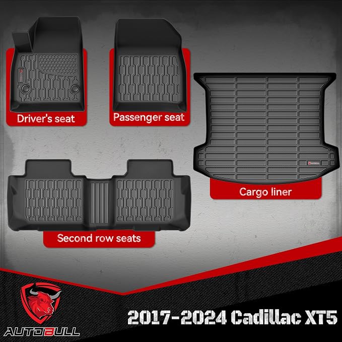 Floor Mats & Cargo Liner Compatible with 2017-2025 Cadillac XT5 Cargo Mat, Full Set All Weather Protection 1st, 2nd Row Car Liners & Trunk Mat, Black
