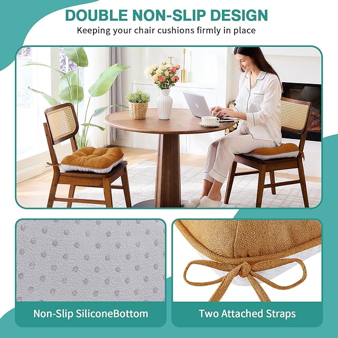 BETU Chair Cushions for Dining Chairs Set of 2,3.5" Thick Kitchen Table Chair Pads with Ties,Non Slip Backing and Covers, Seat Cushion for Dining Room,Bar,Patio Chairs,15.5"X15.5"X3.5",Caramel