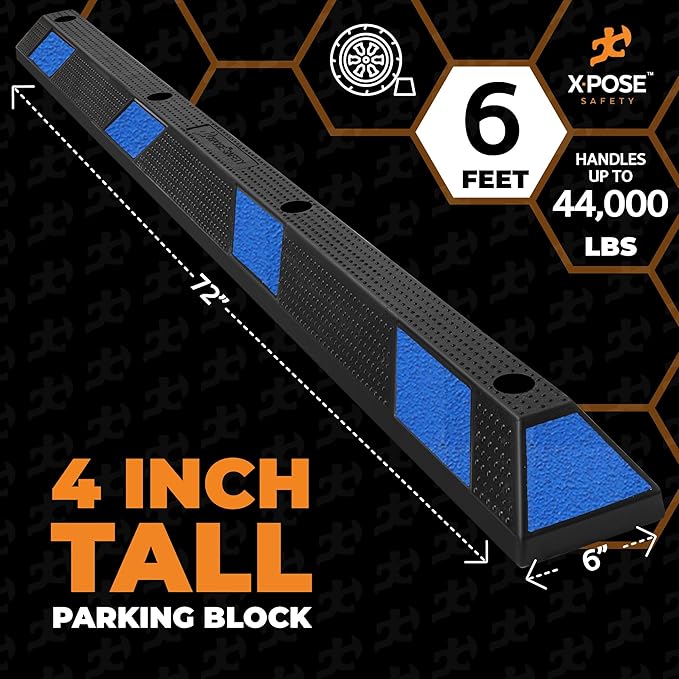 Xpose Safety 72" Heavy Duty Rubber Parking Stopper – Bulk Full Pallet 50 Pack Wheel Blocks for Garage, Driveway, or Ramp – Car Bumper Stop with Blue Reflective Strips – Removable Floor Mount