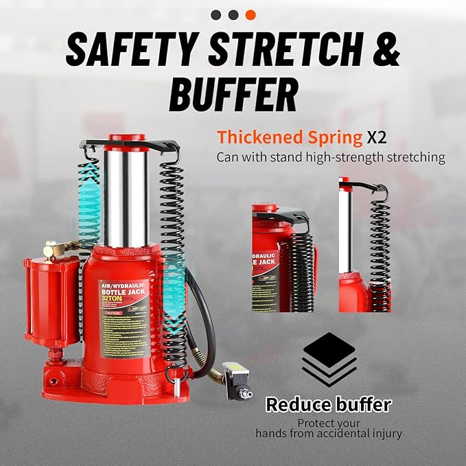 32 Ton Air Hydraulic Bottle Jack with Air-Powered or Manual Operation, One-Piece Hydraulic Cylinder Design, Air Bottle Jack with Independent Air Pump Body and Carry Handle