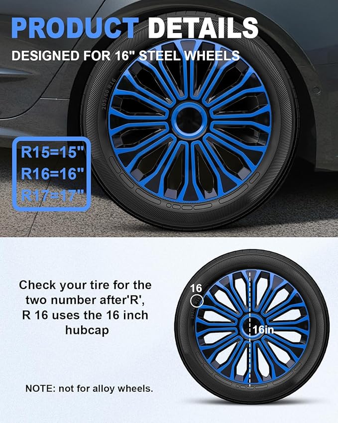 ABX Hubcaps,16 inch hubcaps Set of 4, Wheel Rim Cover ABS Material, Snap On Car Truck SUV Replacement, for Toyota Camry Nissan Mazda etc, Black&Blue