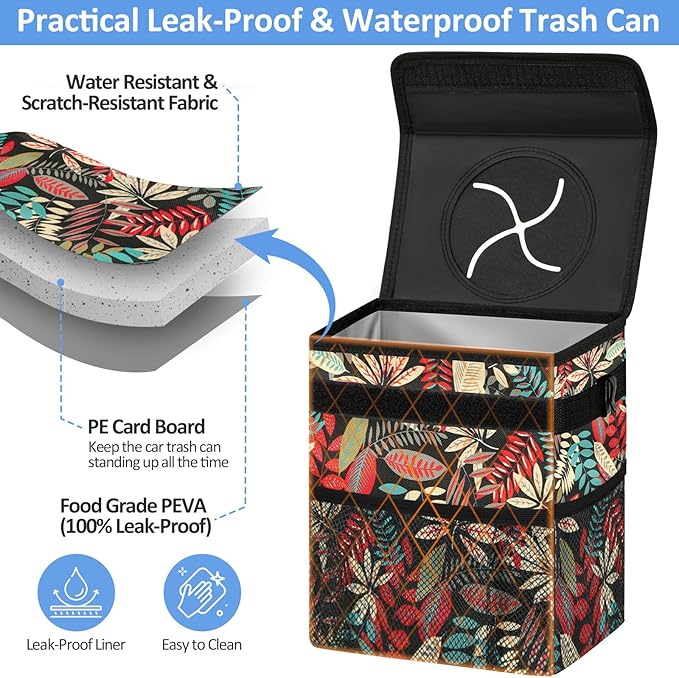 ELONGRIVER Car Trash Can Bin for Back Seat Leak Proof, Cute Car Trash Bag Hanging, Vehicle Trash Can for SUV Truck Van, Automotive Garbage Cans Front Seat Red Leaves