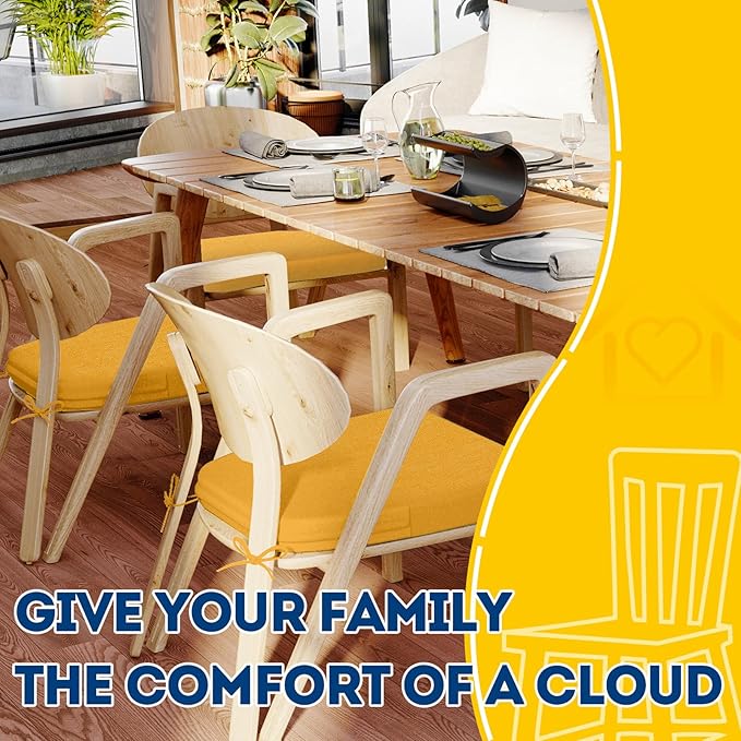 AAAAAcessories D-Shaped Chair Cushions, 2" Thick Dining Chair Pads with Ties and Removable, Machine-Washable Cover, 17" x 16", Set of 2, Golden Yellow
