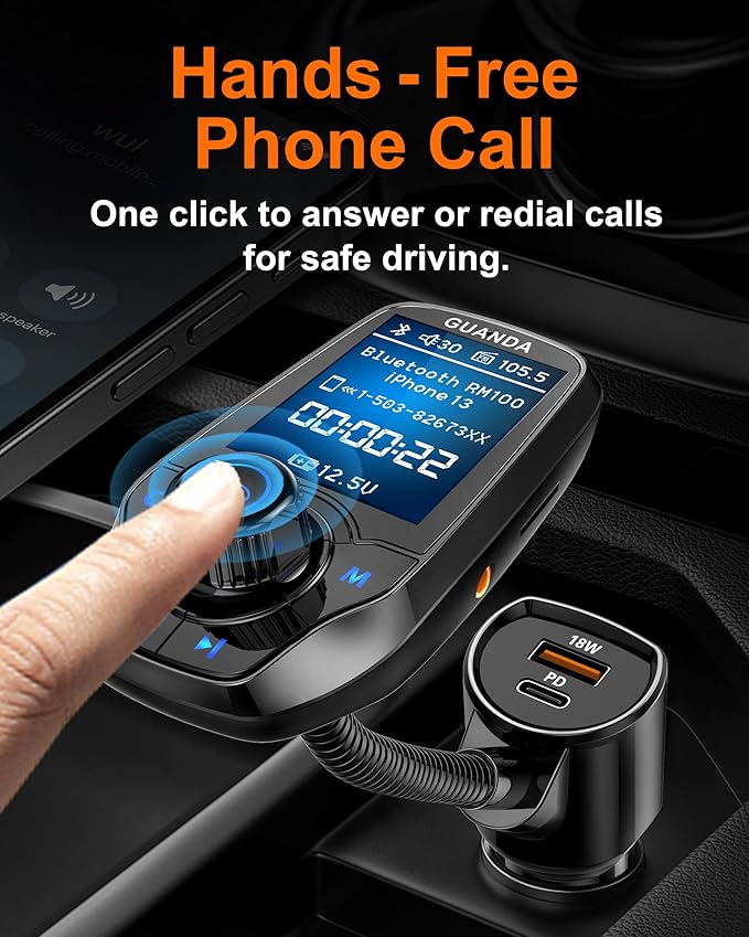 Upgraded Bluetooth 5.3 FM Transmitter for Car, Wireless Radio Adapter Kit W 1.8" Color Display Hands-Free Call AUX in/Out SD/TF Card USB Charger PD 20W for All Smartphones Audio Players - Black