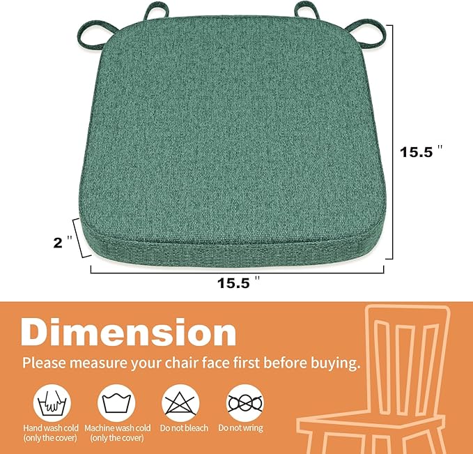 SINOSSO Memory Foam Chair Cushions for Folding Chairs 4 Pack, Thickened 2" Square Pads with Ties for Kitchen Chairs, Indoor Non-Slip Dining Chair Seat Cushions (Set of 4, Green)