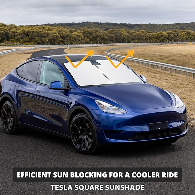 EcoNour Two-Piece Foldable Front Windshield Sun Shade for Tesla Model 3 & Y 2017–2026, 240T Reflective UV & Heat Protection, Storage Pouch Included, Custom Fit with Upgraded Design