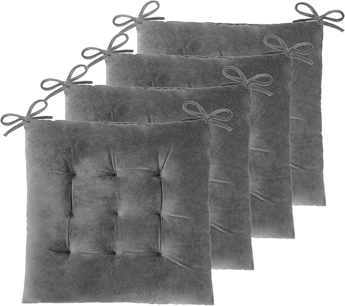 ELFJOY Set of 4 Square Chair Pads Indoor Seat Cushions Pillows with Ties Thick Soft Seat Cushion for Kitchen Dining Office Chair (18", Grey)