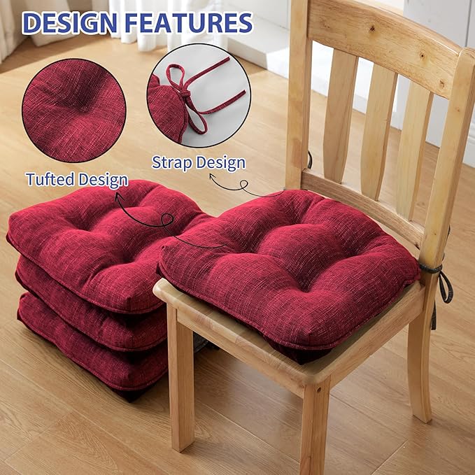 IPYNBAP Chair Cushions for Dining Chairs Set of 4, Red Kitchen Chair Cushions, Chair Pads with Ties and Non Slip Backing, Christmas Room Decor, Tufted Memory Foam Seat Cushion 4 Pack, 15.5"x15.5"x4"