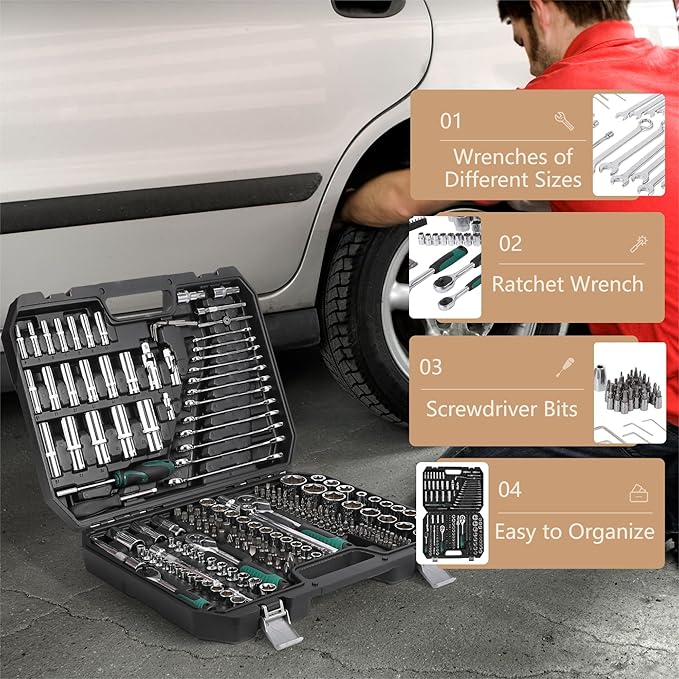 IDEALHOUSE 216 PCS Mechanic Tool Set with Case,Socket Wrench Set,1/4" 3/8" 1/2" Drive Socket Kit,72-Tooth Quick Release Ratchet, Specialty Tools for Home Automotive Repair