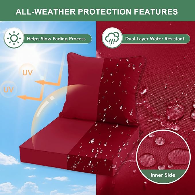 Summsun Waterproof Patio Cushions for Outdoor Furniture, Fade Resistant Back Pillow and Seat Cushion Set for Couch Replacements, 24 x 24 Inch, Red, Set of 2