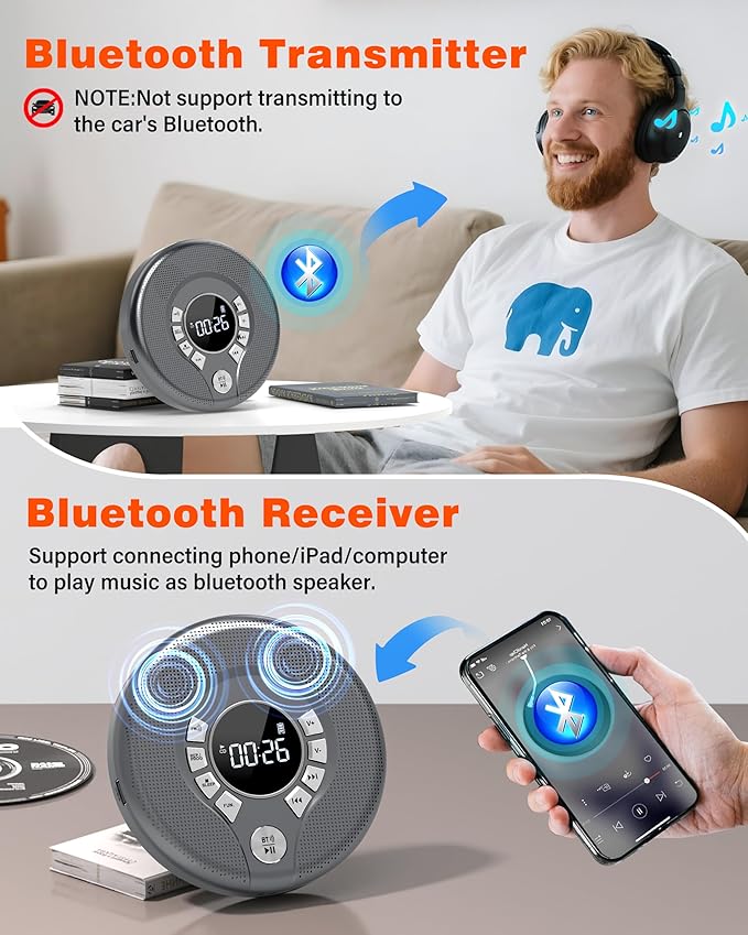 Greadio Portable CD Player with Bluetooth, FM Transmitter for Car Home Use, Rechargeable Discman CD Player with Headphones & Speakers, Anti-Skip, Personal Small Music Player, USB/AUX/LCD (Grey)