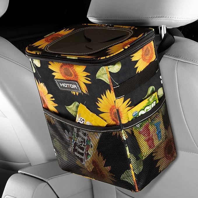 HOTOR Car Trash Can with Lid and Storage Pockets - 100% Leak-Proof Organizer, Waterproof Garbage Can, Multipurpose Trash Bin for Car, 2 Gallons, Sunflower