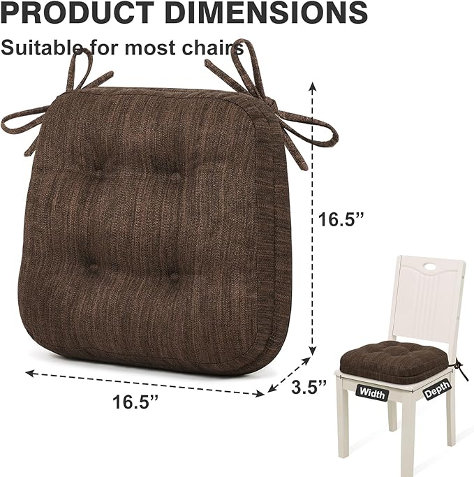Shinnwa Dining Chair Cushions Set of 2, Dual-Layer Memory Foam Kitchen Chair Cushions, Patented Design Seat Pads with Ties, 16.5 x 16.5 x 3.5in, 2 Pack, Dark Brown