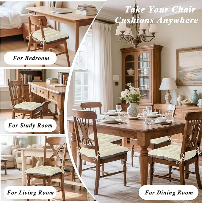 Chair Cushions for Dining Chairs Set of 4 Durable D-Shaped Seat Cushions with Non-Slip Backing Secure Ties Thick Cozy Seat Pad for Kitchen Dining Room Office(18x16.5x3in Beige)