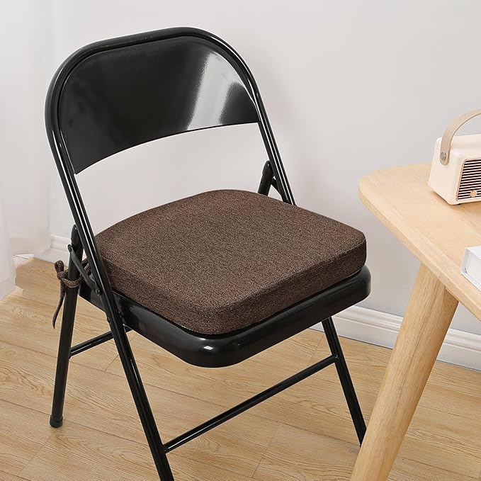 SINOSSO Memory Foam Chair Cushion for Folding Chair 1 Pcs, Thickened 2" Square Kitchen Chair Pad with Ties, Indoor Non-Slip Dining Chair Seat Cushion (1 Piece, Dark Brown)