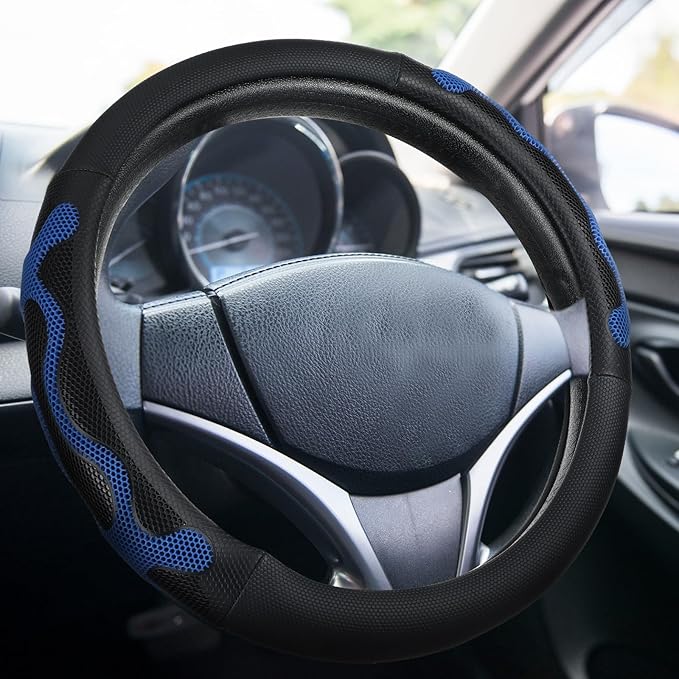 DaisyInner 15 Inch Truck Steering Wheel Cover Leather Wheel Semi-Truck Comfy Grip Cover Anti Slip Car Accessory, Fits Rv, Big Rig and Classic Car (Blue, Classic Style)