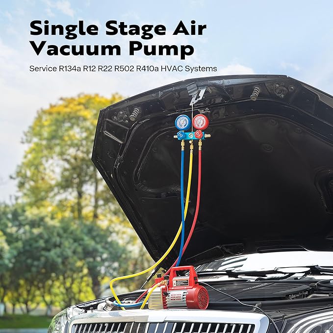 VIVOHOME 110V 1/4 HP 3.5CFM Single Stage Rotary Vane Air Vacuum Pump and AC Manifold Gauge Set Kit with Thermometer for R134a R12 R22 R502 R410a HVAC Air Conditioning Refrigeration Recharging Red