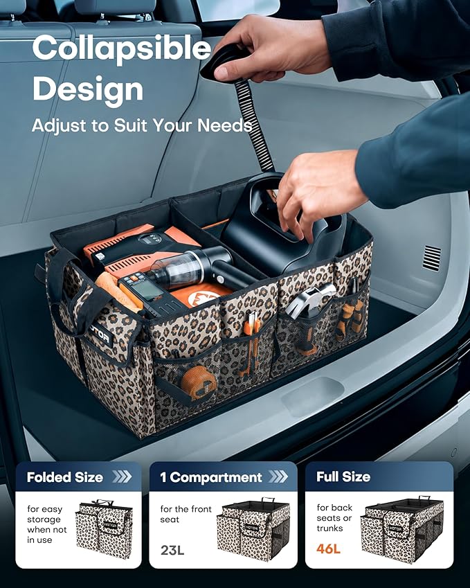 HOTOR Trunk Organizer - Car Organizer, Foldable Trunk organizer for SUVs & Sedans, Sturdy Car Organization for Car Accessories, Tools, Sundries, Brown Leopard, 2 Compartments, 21.3"×12.6"×10.6"