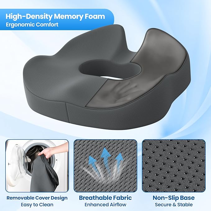 SweetSlubr Large Donut Pillow Seat Cushion for Hemorrhoid Discomfort&Tailbone Pressure, Office Chair Cushion for Long Sitting, Ergonomic Coccyx Pillow for Postpartum Pregnancy, (Grey, X-Large)