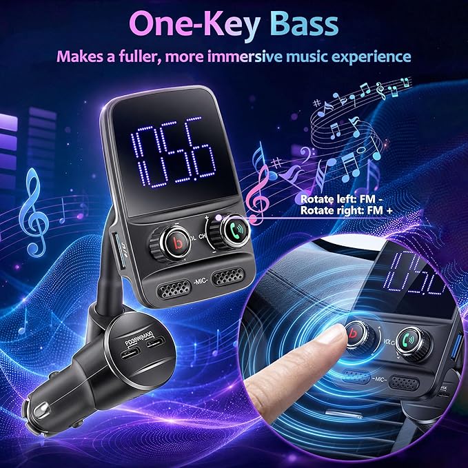 Upgraded Bluetooth FM Transmitter, Wireless Radio Adapter Hands Free Car Kit with 1.7'' Display, QC3.0 and Smart 2.4Amp Dual USB Ports, AUX Input/Output, TF Card Mp3 Player (Black,Pd 30W)