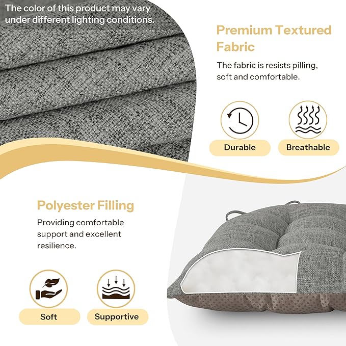 Chair Cushions for Dining Chairs Set of 4 Durable D-Shaped Seat Cushions with Non-Slip Backing Secure Ties Thick Cozy Seat Pad for Kitchen Dining Room Office(18x16.5x3in Light Grey)