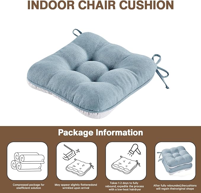 BETU Chair Cushions for Dining Chairs Set of 6,3.5" Thick Kitchen Table Chair Pads with Ties,Non Slip Backing and Covers, Seat Cushion for Dining Room,Bar,Patio Chairs,15.5"X15.5"X3.5",Smoky Blue