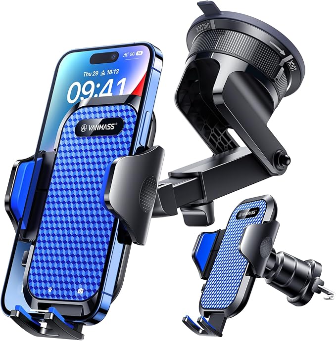 VANMASS [True Military-Grade] Car Phone Holder [Best Suction & Clip] Cell Phone Mount for Dashboard Windshield Vent Truck Cradle Dash Stand for iPhone 15 Pro Max 14 13 12 Android, Blue