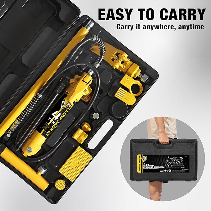 YELLOW JACKET 4 ton Hydraulic Ram Jack Pusher Puller Auto Body Frame Repair Tool Porta Power Kit with Blow Mold Carrying Storage Case for Car Repair,Truck,Farm