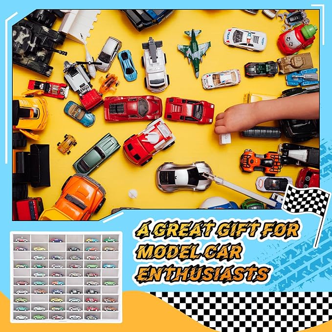 Seenelling Wooden Display Case for Hot Diecast Wheels, 60 Spaces, Wall Mount, 1/64 Scale, Toy Car Storage Display Shelf, Model Car Storage Organizer, Cabinet for Model Collectible (White,Classic)
