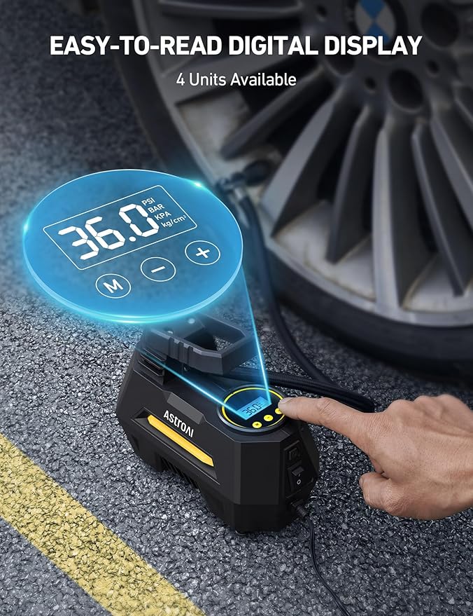 AstroAI Tire Inflator Portable Air Compressor Tire Air Pump for Car Tires - Car Accessories, 9.8Ft Cord 12V DC-Powered Auto Pump with Digital Pressure Gauge, LED Light for Bicycle, Balloons, Yellow