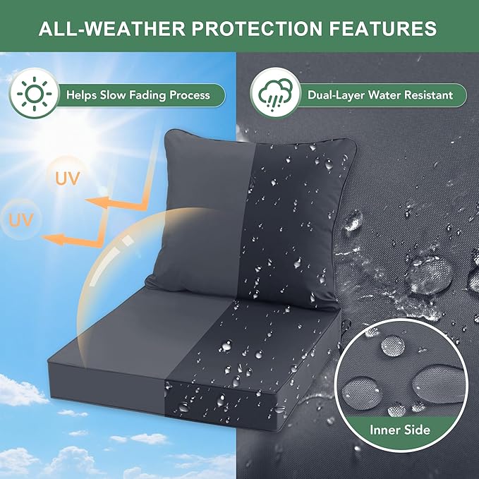 Summsun Patio Chair Cushions Set of 2, Water Resistant Backrest Pillow and Seat Cushion Set for Outdoor Furniture, Sectional Sofa Cushion Replacments, 24 x 24 Inch, Dark Grey