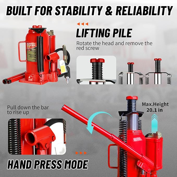 20 Ton Air Hydraulic Bottle Jack with Air-Powered or Manual Operation, One-Piece Hydraulic Cylinder Design, Air Bottle Jack with Carry Handle for Pickup Trucks, Commercial Vehicles, and Farm Equipment