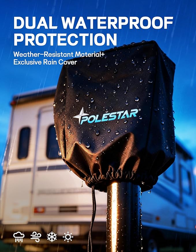 POLESTAR Electric Trailer Jack, 5000lbs Electric Power A-Frame Tongue Jack with Waterproof Protective Cover & LED Light for Travel Trailer Camper, RV, 12V DC with Hard Wiring, 9"-27" Lift