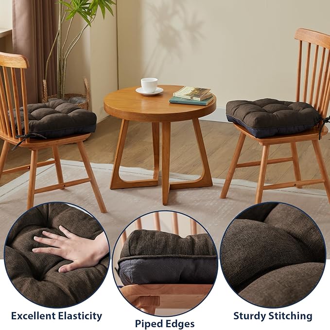 IASEAHK Chair Cushions for Dining Chairs, Seat Cushions for Kitchen Chairs, Indoor Seat Cushions with Ties, Tufted Foam Chair Pads, Non Slip Chair Cushions Set of 6, 15.5" x 15.5" x 4", Brown